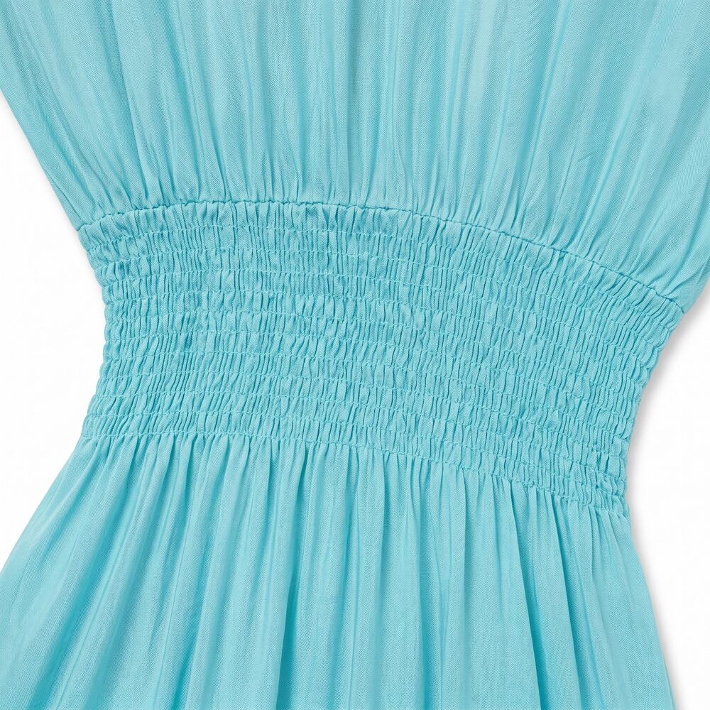 Italian 100% Silk Aqua Mint Smocked Waist Maxi Dress | Balloon Sleeves - Picture 4 of 6